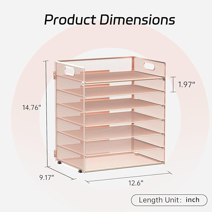 7 Tier Paper Organizer - Mesh Desktop File Holder with Handles for Office School Desk (Rose Gold)