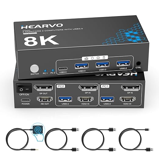 Hearvo HDMI DisplayPort KVM Switch 2 Monitors 2 Computers, 8K@60Hz Dual Monitor KVM Switcher with HDMI 2.1 & DisplayPort 1.4, USB 3.0 Hub,with Controller & 2 USB Cables & EDID Adaptive -S7240PH2