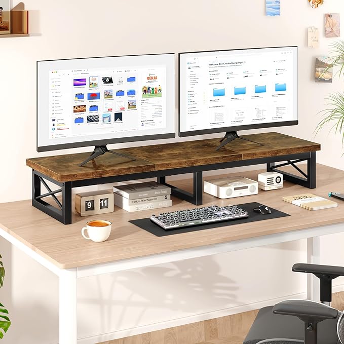 IBUYKE 45" Large TV Riser for 32-60 inch TV,Tabletop Short TV Stand with Storage and Steel Legs,Dual Screen Office Desk,Stand Riser,TV Riser Stand for Home,Bedroom,Living Room,Rustic Brown TVT002H