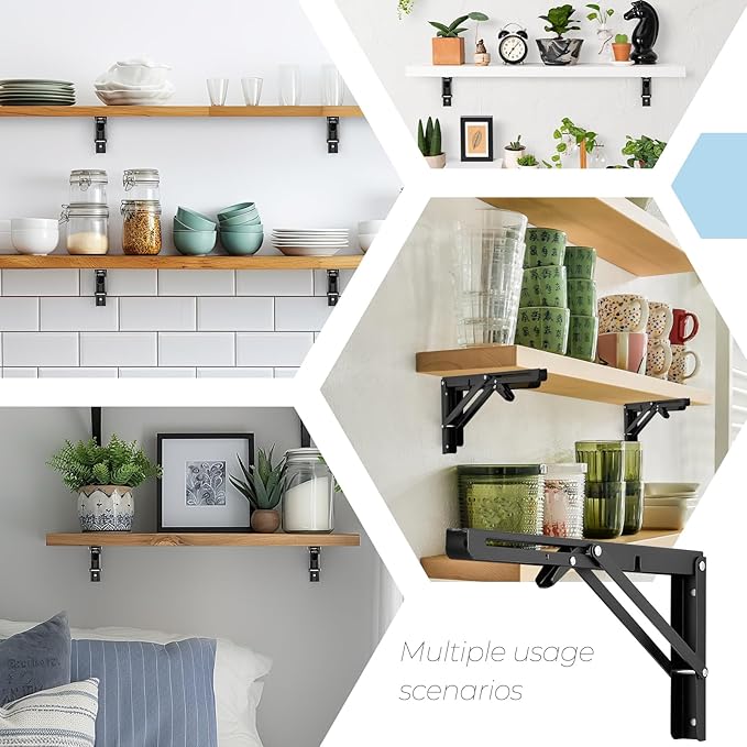 Home Expert 12 Inch Folding Shelf Brackets, 4 Pack (2 Pairs) Heavy Duty Metal Collapsible Wall-Mounted Brackets, Space-Saving DIY Foldable Shelf for Benches and Tables, Matte Black