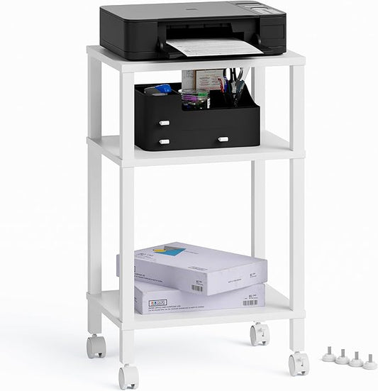 3-Tier Printer Stand with Storage, Mobile Printer Cart with Rolling Casters and Adjustable Feet, Under Desk Storage Shelf for Home Office, White, 15.7" x 11.8" x 25.9"