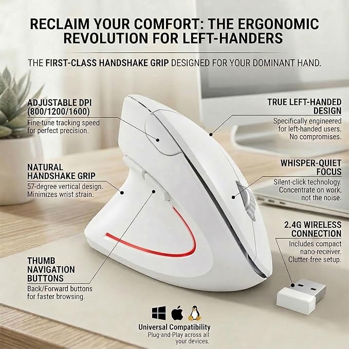 Left Handed Mouse,Left Handed Ergonomic Mouse, 2.4G USB Wireless Left Handed Vertical Mouse, Adjustable DPI(800/1200/1600),6 Buttons for PC,Mac,Laptop,Windows,Desktop – White