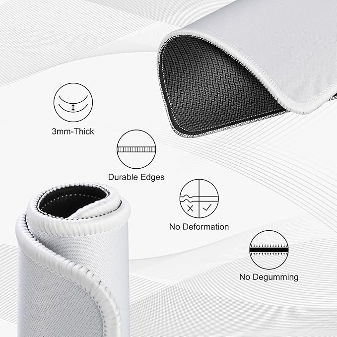 JIKIOU Mouse Pad with Non-Slip Rubber Base, Premium-Textured & Washable Computer Mousepad with Stitched Edges, Mouse Pads for Computers, Laptop, Gaming, Office & Home, 10.2 x 8.3 in Grey with White