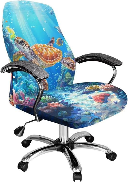 Talayituse Turtle Fish Water Plants Print Office Chair Covers, Stretch Computer Chair Cover, Universal Boss Chair Covers Modern Simplism Style High Back Chair Slipcover, Large