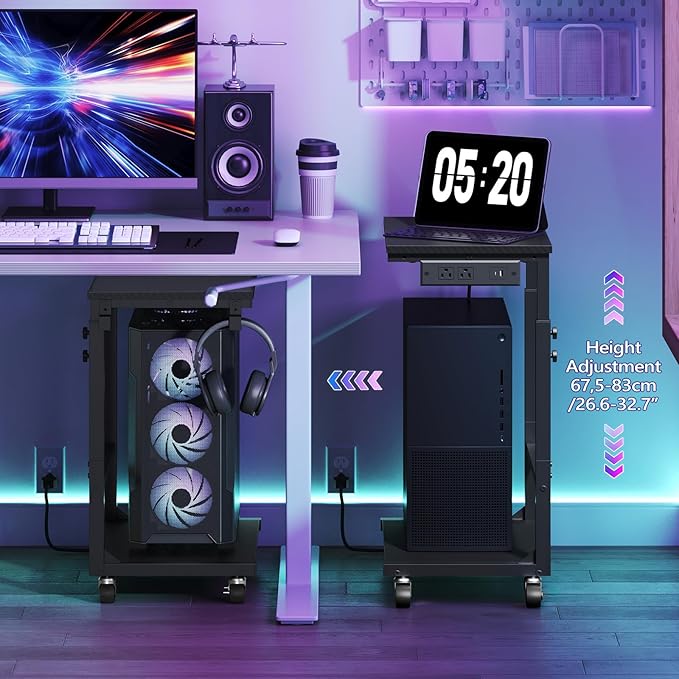 MAHANCRIS Computer Tower Stand with Power Outlet, Mobile PC Stand for Floor, Height Adjustable PC Holder Cart Under Desk, 26.6"-32.7" H, for Home Office, Gaming Room, Black PCHS216E01