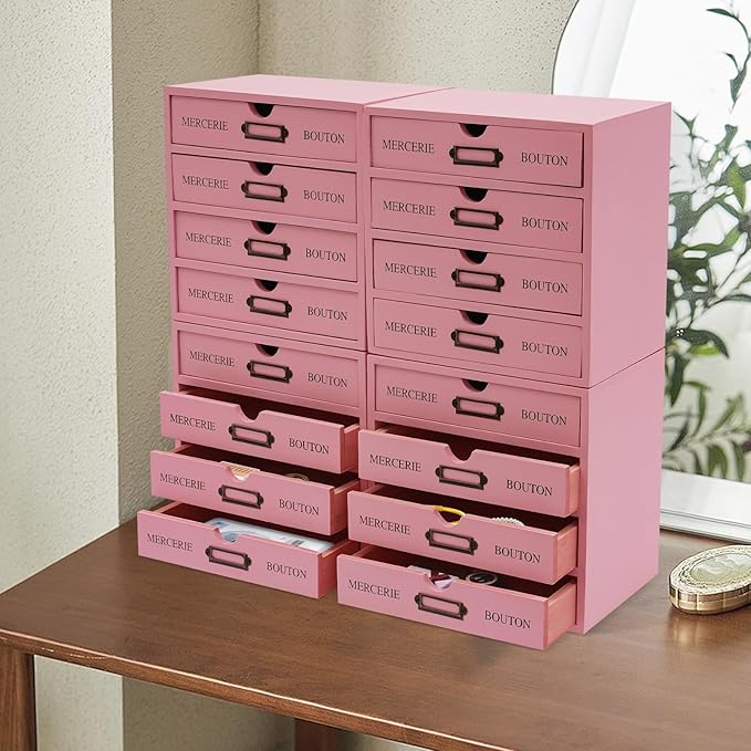 Vintage Drawer Wooden Drawers Organizer, 16-Drawer Desktop Storage Box Pine Wood Desktop Organizer with Label Holders, Desk Drawer Unit Collectors Box for Office, Home (Pink)