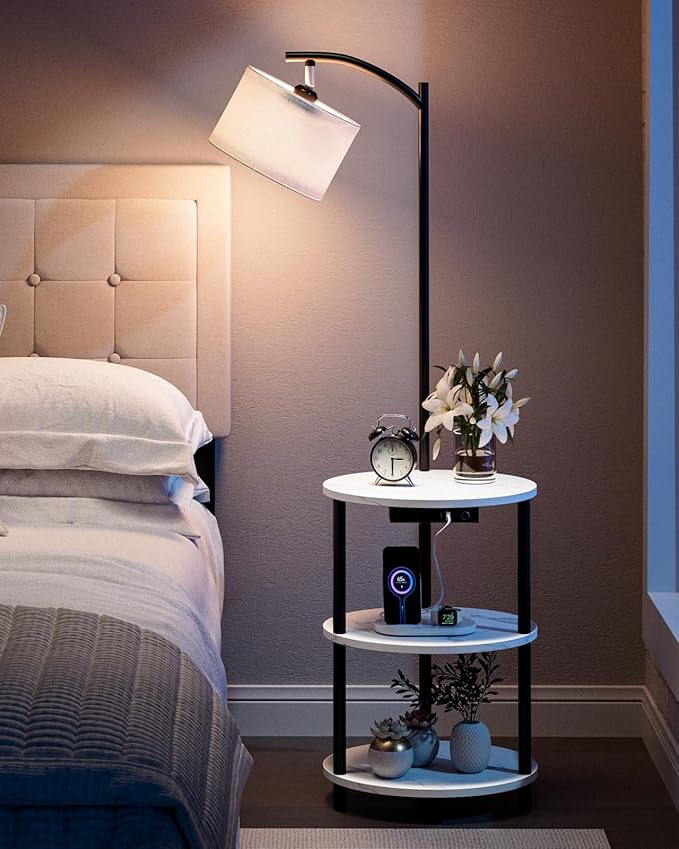 Round Side Table with Lamp and USB Ports, 3-Tier Small End Table for Living Room & Bedroom, Rustic Wood Metal Nightstand for Small Spaces, Easy to Assemble, Marble White