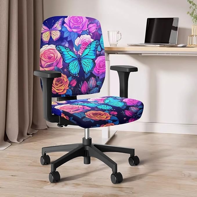 Butterfly Flower Office Chair Covers 2 Piece Stretchable Office Chair Seat Cover Soft Fit Universal Desk Rotating Chair,Computer Chair Washable Chair Cover Decorative for Women Men