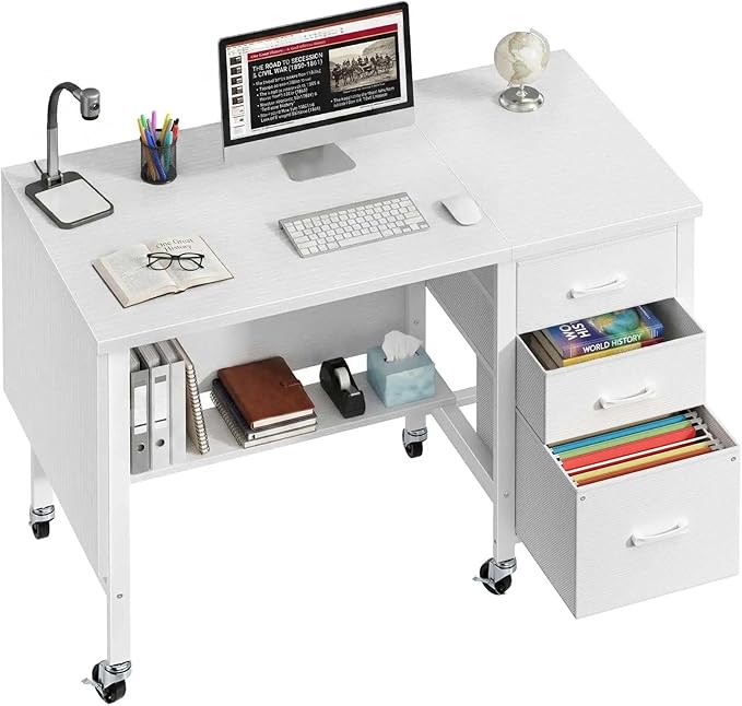 WINAZ Rolling Teacher Desk with File Drawers - 47 Inch Mobile Computer Desk with Privacy Panels & 3 Storage Drawers on Wheels, White Office Desks Workstation for Classroom & Home Office