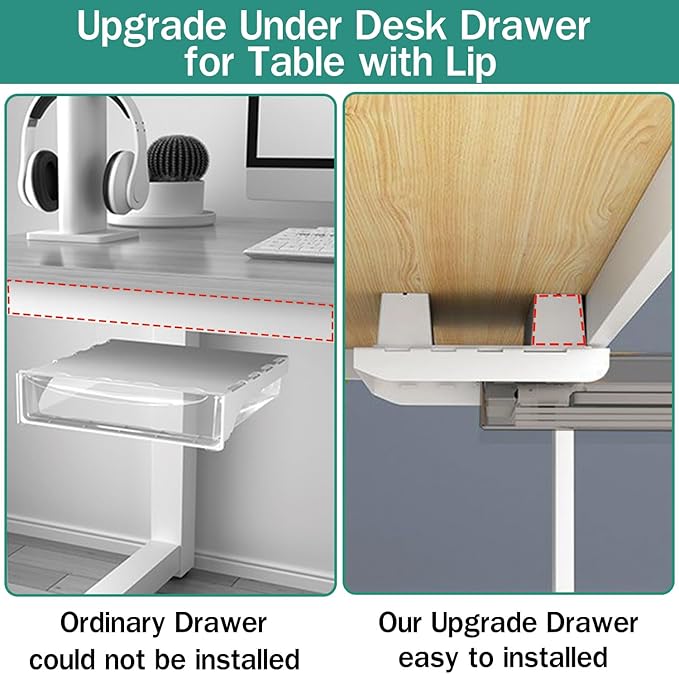 SVNNELP Upgrade Under Table Drawer with Lip, Office Attachable Plastic Desk Accessories & Workspace Organizers, Hidden Under Table Storage Organizer Pencil Tray Drawer Slide Out
