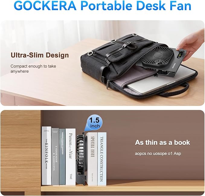 GOCKERA Desk Fan, 6.61''Ultra-thin Battery Powered Fan with Powerful Wind,100 Speeds Adjustable&Digital Display,Timer,Ultra-quiet Small Portable Fan for Bedroom,Office,Travel (Black, 2000mAh)