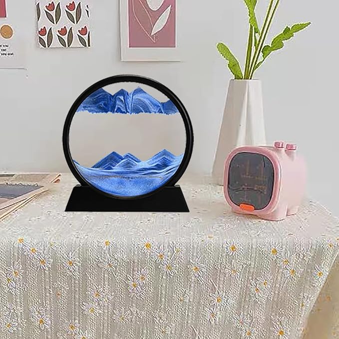 rysnwsu 3D Dynamic Sand Art Liquid Motion, Moving Sand Art Picture Round Glass 3D Deep Sea Sandscape in Motion Display Flowing Sand Painting Relaxing Desk Toys (Blue, 7'')