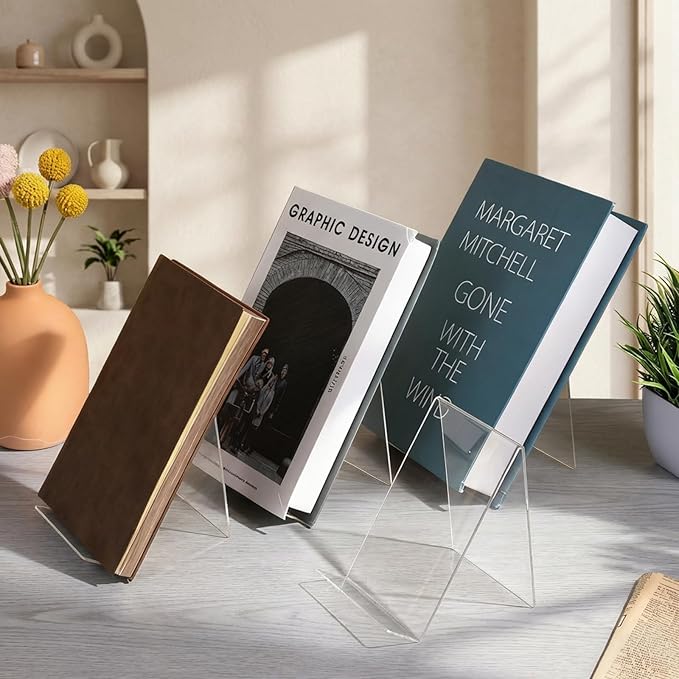 12 Pack Acrylic Book Display Holder, 4x5 Inch Clear Acrylic Book Stand, Books Display Easel for Displaying Books, Tablet Holder, Pictures, Notebooks, Music Sheets, Artworks, CDs