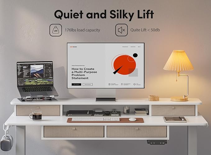 BANTI Height Adjustable Electric Standing Desk with 4 Drawers, 48 x 24 Inch Table with Storage Shelf, Sit Stand Desk, White Top