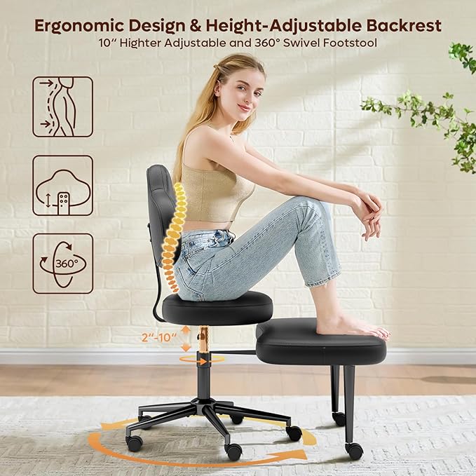 Pinmoco Cross Legged Office Chair with Wheels, Meditation Chair, ADHD Chair for Adults, Wider Height Adjustable Backrest and Seat, Yoga Office Chair, PU Leather, Black