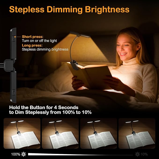 18 LED Rechargeable Book Light for Reading in Bed - Eye Caring 3 Color Temperatures & Stepless Dimming & Memory Function, 180° Foldable Panels, Clip On Book Reading Light for Book Lovers
