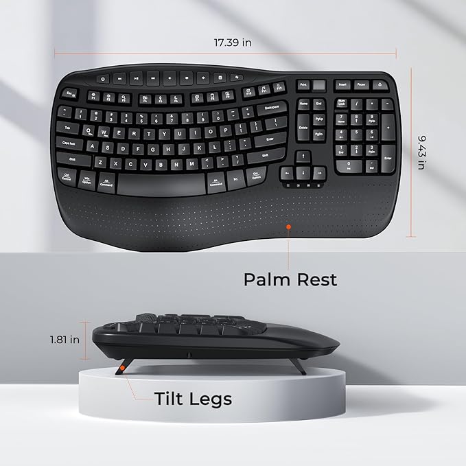 MEETION Wireless Ergonomic Keyboard, Wave Keys Firm Wrist Rest for Natural Typing, 2.4G USB-A Cordless Receiver and USB-C Adapter, Ergo Computer Keyboard Compatible with Windows/Mac/PC/Laptop, Black