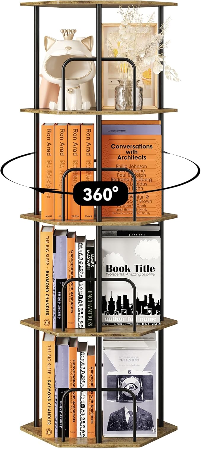 SUNMORY 4 Tier Rotating Bookshelf Tower, Revolving 360 ° Spinning Bookcase, Hexagonal Corner Book Shelf Storage Carousel, Vertical Rotate Turning Organizer Book Shelves for Living Room Office Bedroom
