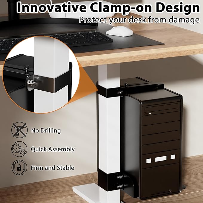 Liitrton Under Desk PC Mount - No Drill PC Holder- Heavy Duty Clamp-On PC Mount for Standing Desk Legs 2.56"(65mm)×1.77"(45mm), Adjustable Height & Width PC Stand Under Desk Computer Mount CPU Holder