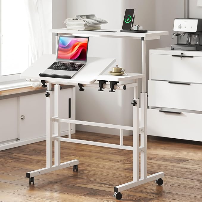 sogesfurniture Rolling Mobile Desk with Cup Holder, Portable, Adjustable Height Small Stand up Desk on Wheels for Home Office Laptop Cart for Standing or Sitting (Basic White)