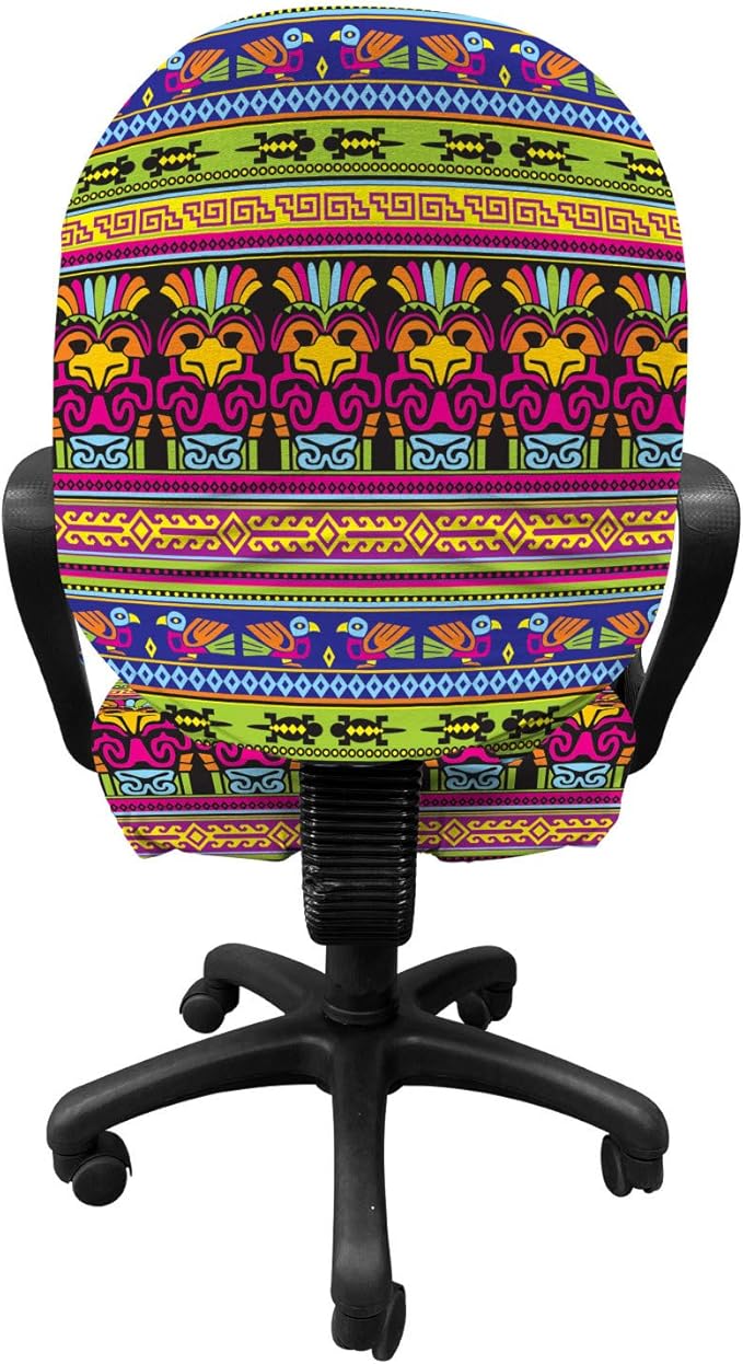 Ambesonne Prehistoric Office Chair Slipcover, Aztec Culture Pattern Borders Ornate Tribal Animal Print, Protective Stretch Decorative Fabric Cover, Standard Size, Magenta Yellow