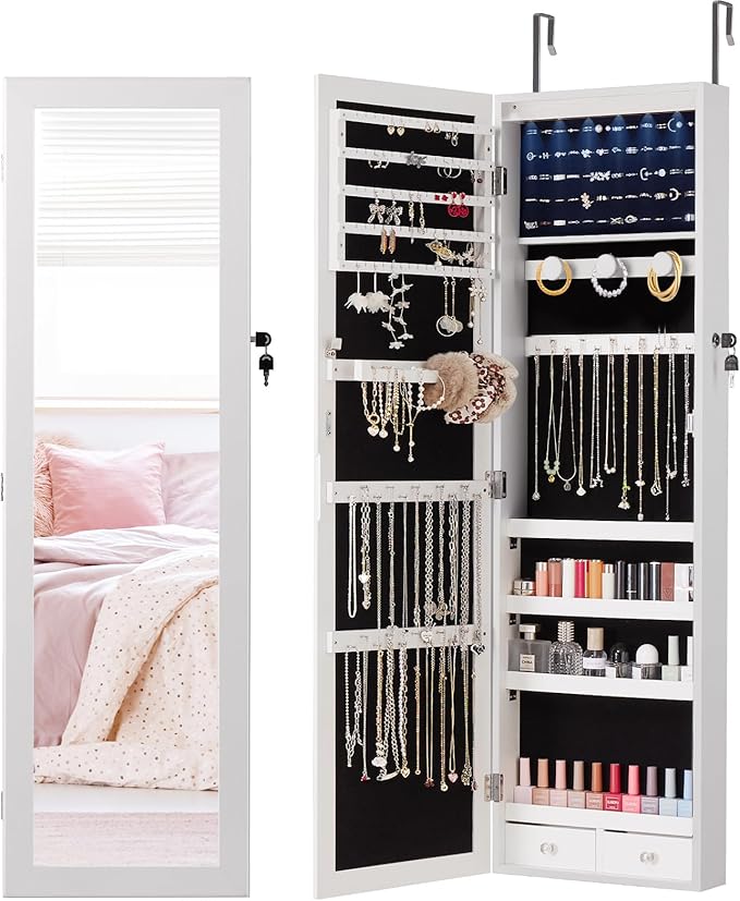 DUMOS 6 LEDs Mirror Jewelry Cabinet, Wall or Door Mounted Jewelry Organizer, 47.2-Inch Tall Lockable Large Capacity Cosmetic Storage, Gift Idea, White