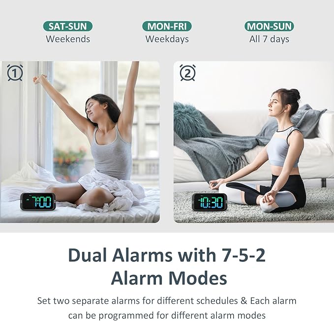 Odokee Digital Dual Alarm Clock for Bedroom: RGB Electric Clock with USB Charger for Kids Teens - Dimmable Clock with Weekday Weekend Mode for Bedside Desk