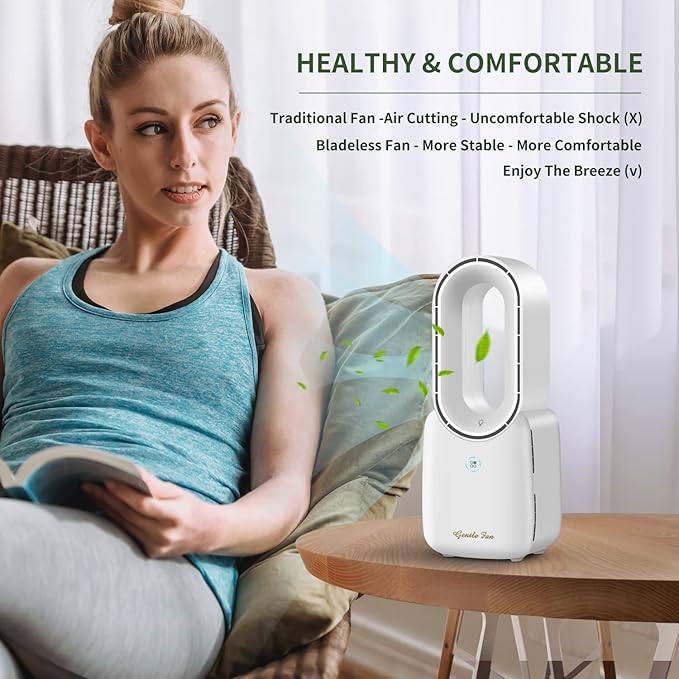 Misby Rechargeable Desk Fan, 5-color LED Light Bladeless Table Fan of 11.8 Inch, White Desk Fans Small Quiet for Bedroom, Home, Office