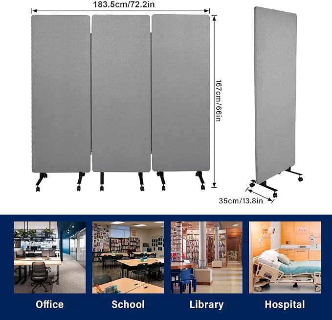 3-Panel Soundproof Room Divider with Wheels, 72inch Room Divider Privacy Panel, Heavy-Duty Acoustic Partition Temporary Wall for Noise Reduction, Portable Divider for Home, Classroom, Light Grey