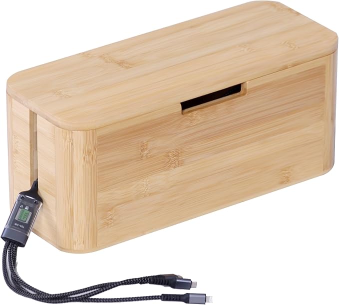 Relaxdays Cable Box for Power Strip, Bamboo, Magnetic Lid, HBT 14.5 x 34 x 11 cm, Hide Cables, Socket Box, Natural