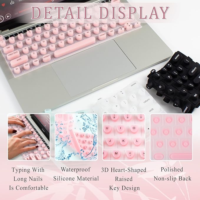 Keyboard Cover for Long Nails, Acrylic Gel Nails - Silicone Keyboard Protector Skin with Raised Keys for Typing and Gaming, Compatible with MacBook Pro/Air 13"/14"/15"/16" 2020-2025 (Pink)