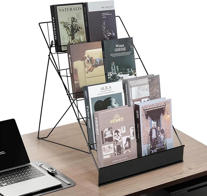 6-Tier 18" Wide Metal Wire Magazine Rack,Table Top Book Display Stand with Sign Channel,Collapsible Commercial Display Holder for Comic,Greeting Card,Literature,Trade Show,Art Print