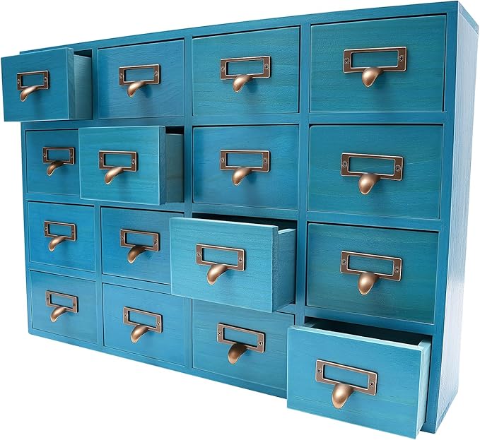16-Drawer Wooden Desk Organizer Storage Box with Label Holders Vintage Wood Desktop Organizer, Desk Drawer Unit Collectors Box for Living Rooms, Bedrooms, Offices (Blue, 1PC, 16 Drawers)