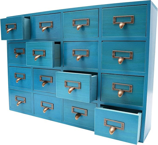 16-Drawer Wooden Desk Organizer Storage Box with Label Holders Vintage Wood Desktop Organizer, Desk Drawer Unit Collectors Box for Living Rooms, Bedrooms, Offices (Blue, 1PC, 16 Drawers)