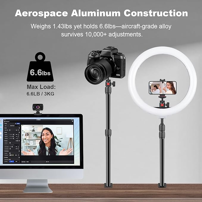 Camera Desk Mount Table Stand with 360° Ball Head, Table Light Stand with 1/4" Screw & C Clamp, Webcam Stand Mount for DSLR Camera Video Light Ring Light Live Streaming Vlog (811002)