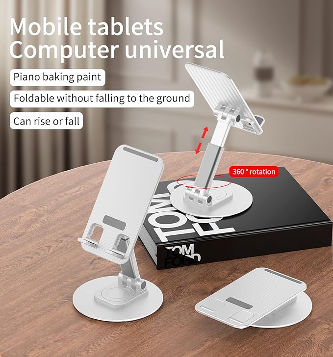 360° Rotating Cell Phone Stand for Desk, Adjustable & Foldable Phone Holder, Aluminum Desktop Phone Stand with Anti-Slip Base, Compatible with iPhone, iPad, Android Phones, K39B-White
