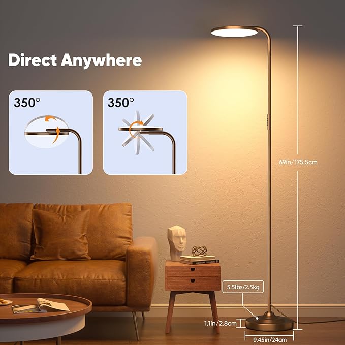 SIBRILLE 36W LED Floor Lamp, Super Bright Standing Lamp, Modern Stepless Dimmable Torchiere Tall Lamp with Remote Control, 350°Rotating Head Reading Floor Lamp for Living Room, Bedroom, Office
