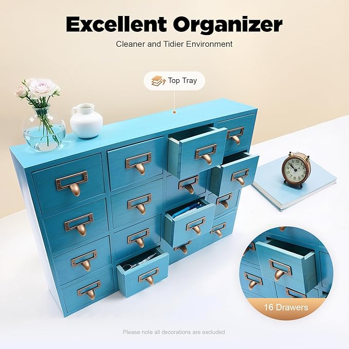 16-Drawer Wooden Desk Organizer Storage Box with Label Holders Vintage Wood Desktop Organizer, Desk Drawer Unit Collectors Box for Living Rooms, Bedrooms, Offices (Blue, 1PC, 16 Drawers)