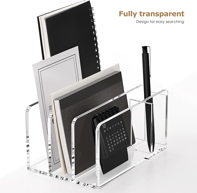 SANRUI Acrylic Mail Sorter Desktop Organizer with Pen Holder, 3 Compartments Clear Small File Script Letter Document Storage for Desk Bill Filling Envelope Holder Office, Home, School Organization