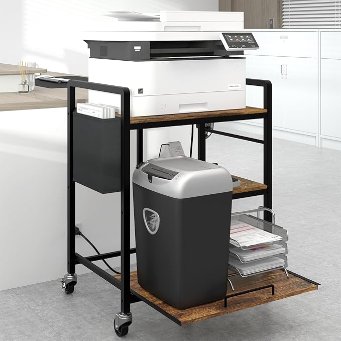 Sedegn Home Printer Stand with Charging Station, 24x18 Inches Stands for Large Printer, Printer Shredder Stand with Storage for Home Office, Table for Fax Machine/PC Tower (Rustic Brown)