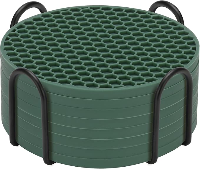 TWTLi Silicone Coasters Set of 8 with Holder,Coasters for Drinks,Beer,Coffee Coasters,Suitable for Kinds Cups,Hot or Cold,Anti-SLI,Non-Stick,Anti-Overflow Tabletop Protection and Decor (8 Pcs, Green)