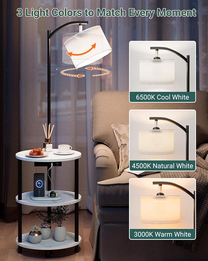 Round Side Table with Lamp and USB Ports, 3-Tier Small End Table for Living Room & Bedroom, Rustic Wood Metal Nightstand for Small Spaces, Easy to Assemble, Marble White