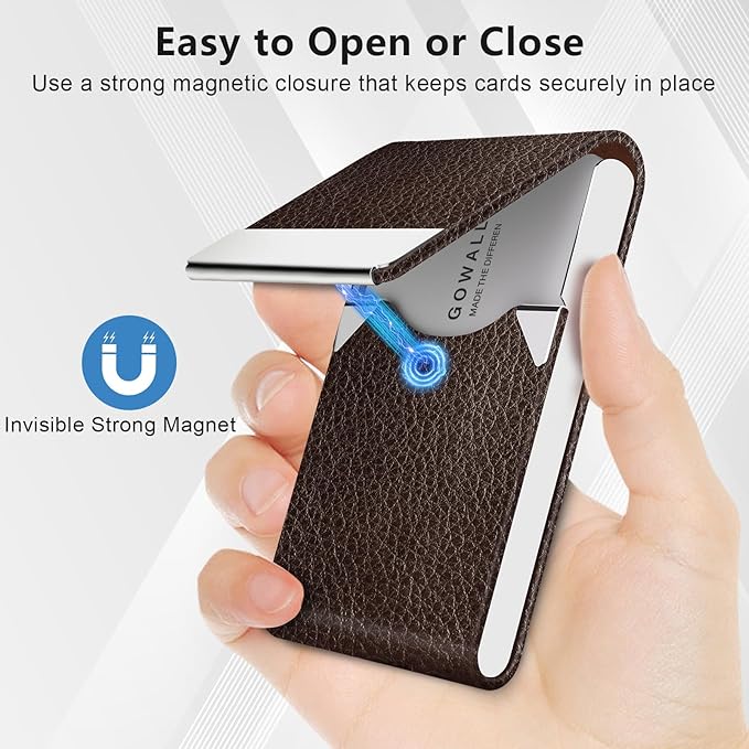 Business Card Holder with Magnetic Closure, Slim Metal PU Business Card Case for Men Women, 3.7 x 2.3 inches RFID Blocking Credit Cards Holder for Pocket or Bag Storage, Coffee