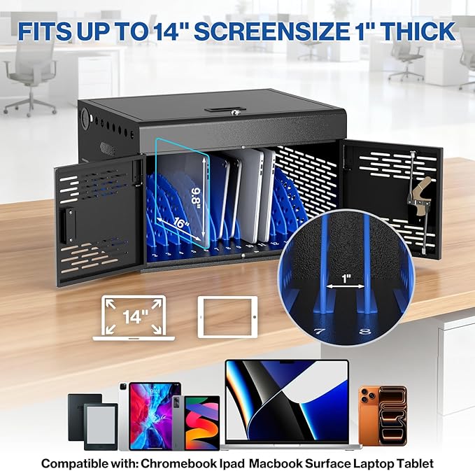 POCHAR 16-Unit Charging Cabinet for Laptops & Tablets - Locking Laptop Storage Box with Cable Management, Charger Storage, and Ground Protection for Classroom, Library, and Office (Black)