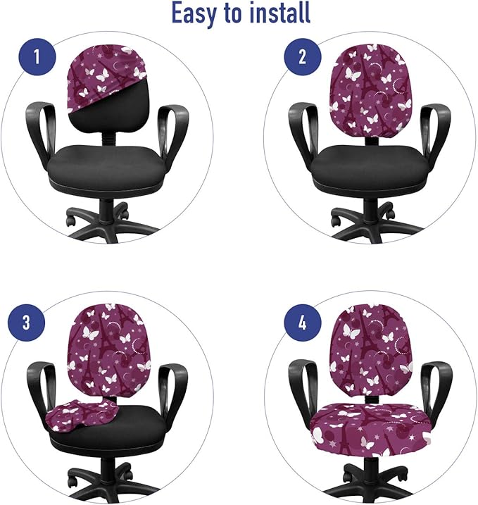 Ambesonne Eiffel Office Chair Slipcover, Abstract Composition with Towers White Butterflies and Stars Ethereal Display, Protective Stretch Decorative Fabric Cover, Standard Size, Violet White