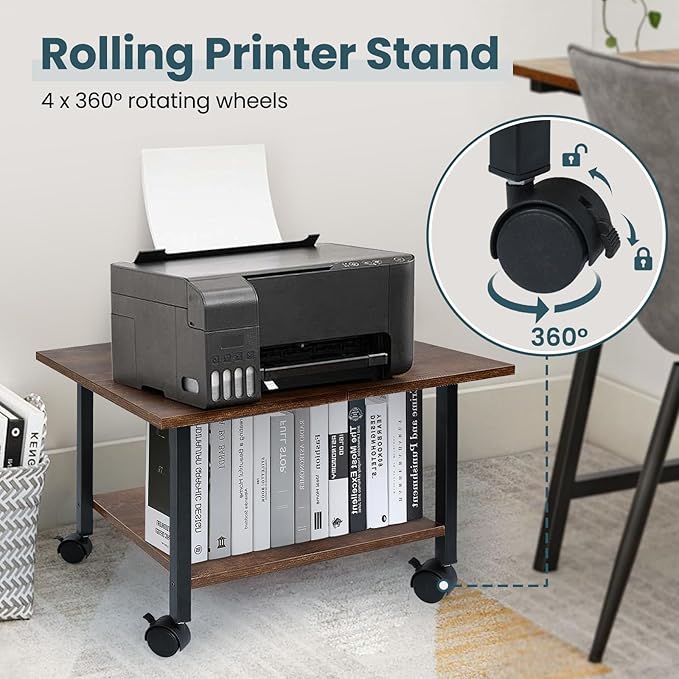 SwaaVee Printer Stand with Storage Under Desk Shelf, Desktop Printer Stand Organizer, Rolling Printer Cart Storage Paper Files Holder for Desk, Office, Home, (Rustic Brown)