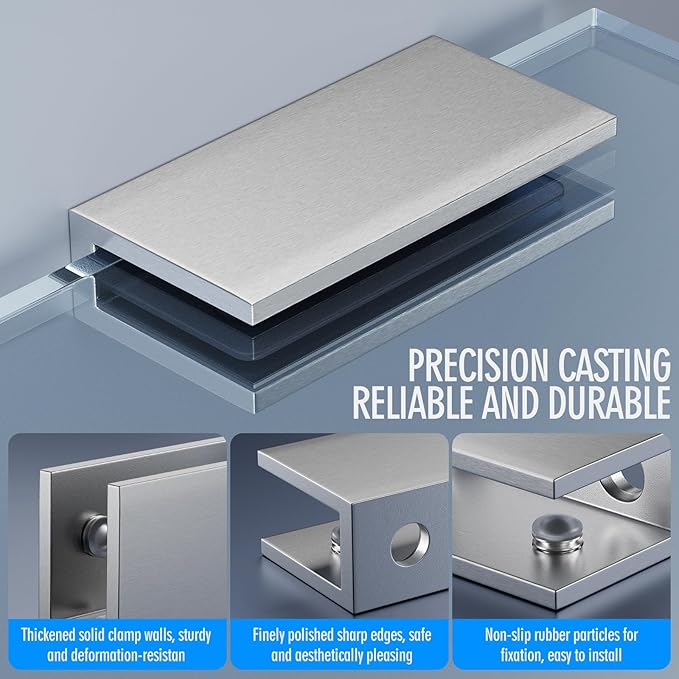 Ranbo 2 Pcs Frameless Glass Clamp Brackets for Shelf and Shower, Heavy Duty Wall Mount Rectangular Holders for 1/4" to 1/2" Panels, Satin Brushed Finish Hardware