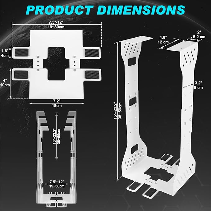 Heavy Duty Adjustable Under Desk PC Holder 7.5 to 12 Inch Wide, Supports up to 80 Lbs Load Capacity, Under Desk PC Mount, Wall Mount Space Saving Computer Case Tower Holder-White