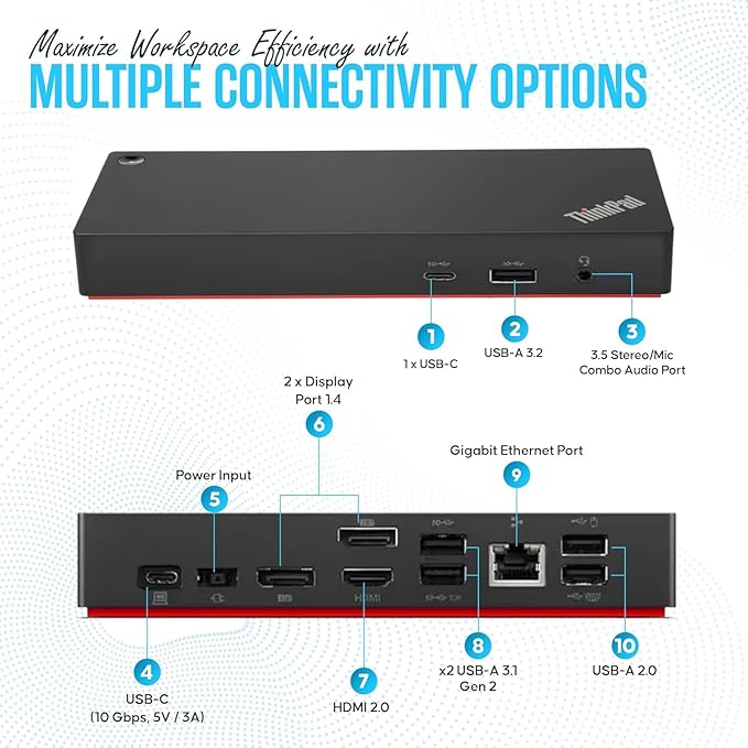 40AY0090US Lenovo Thinkpad Docking Station Dual Monitor - Supports 4K Display, Thinkpad Dock with 90W, HDMI, DP, USB C Cables - Lenovo Docking Station