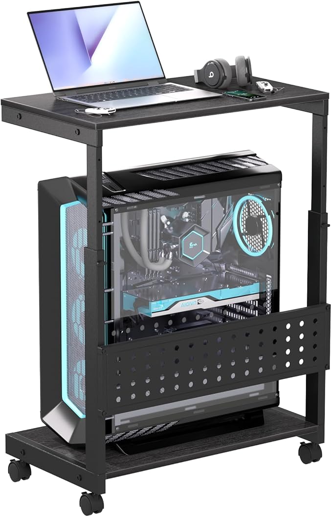 Computer Tower Stand/PC Tower Stand with Wheels, Dual Tier & 5-Level Adjustable CPU Holder Cart (23.2-33.5") — Under Desk Floor PC Stand for Gaming & Home Office [Black]